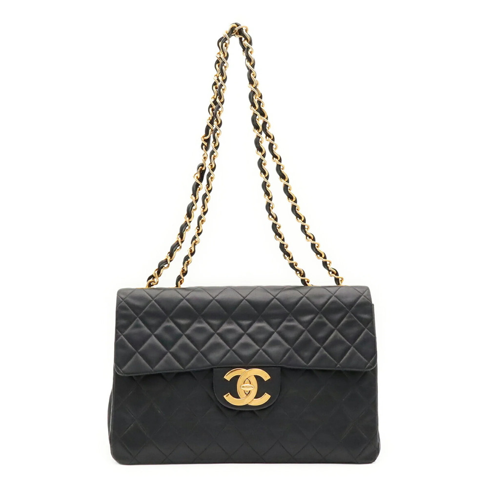 CHANEL Chanel Large Matelassé Coco Mark Double Chain Shoulder Bag Leather Bla...